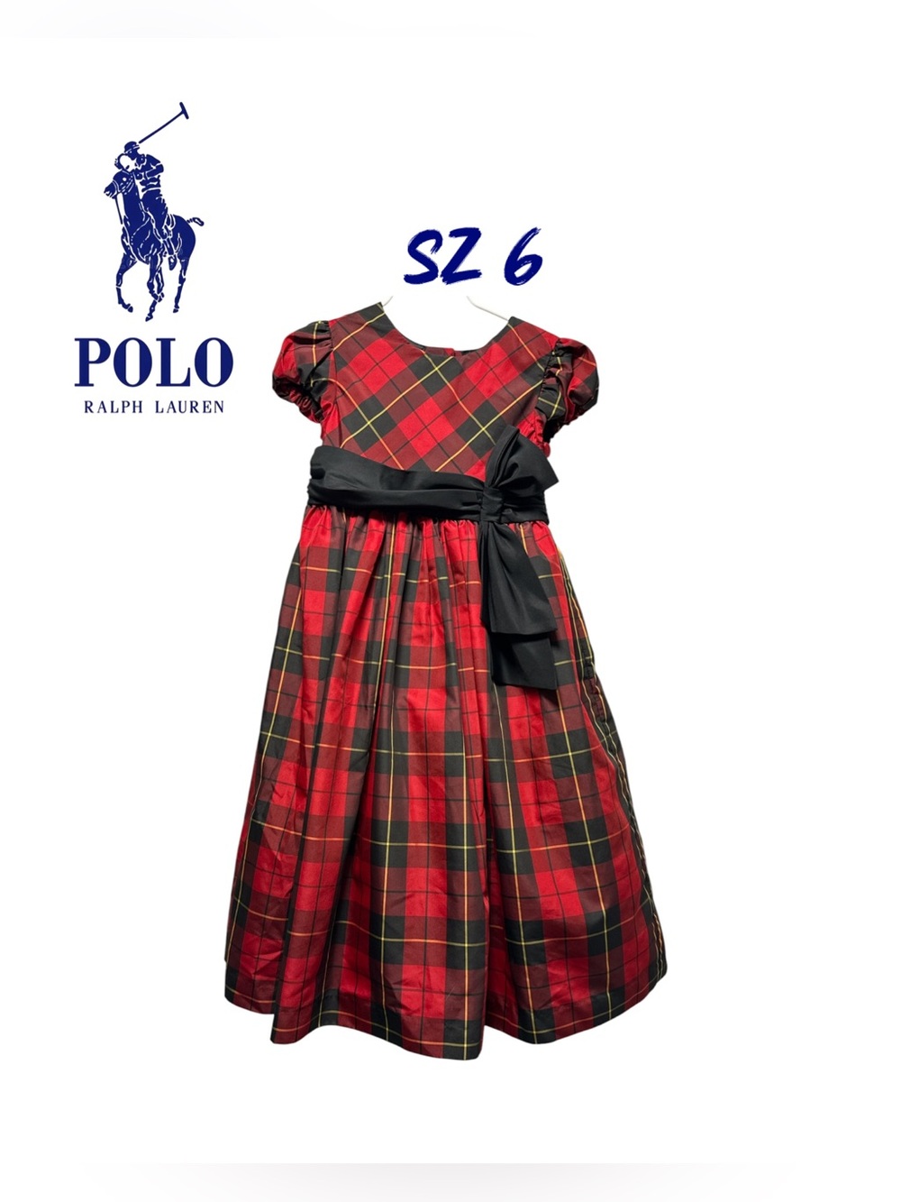 Polo Ralph Lauren Size 6 Girls Tartan Plaid Print Holiday Dress Red Black Satin